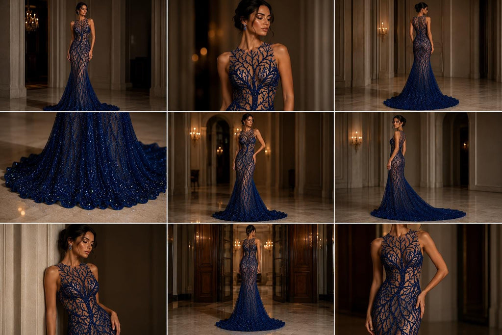 Royal - Luxury Vine Lace  - Beaded Design with Embroidered Sequins and Beads On a Mesh Lace Fabric for Prom Dress. Sold By The Yard