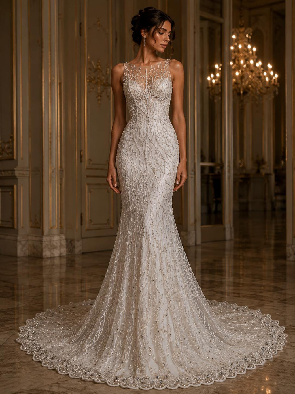 White - Luxury Vine Lace  - Beaded Design with Embroidered Sequins and Beads On a Mesh Lace Fabric for Prom Dress. Sold By The Yard