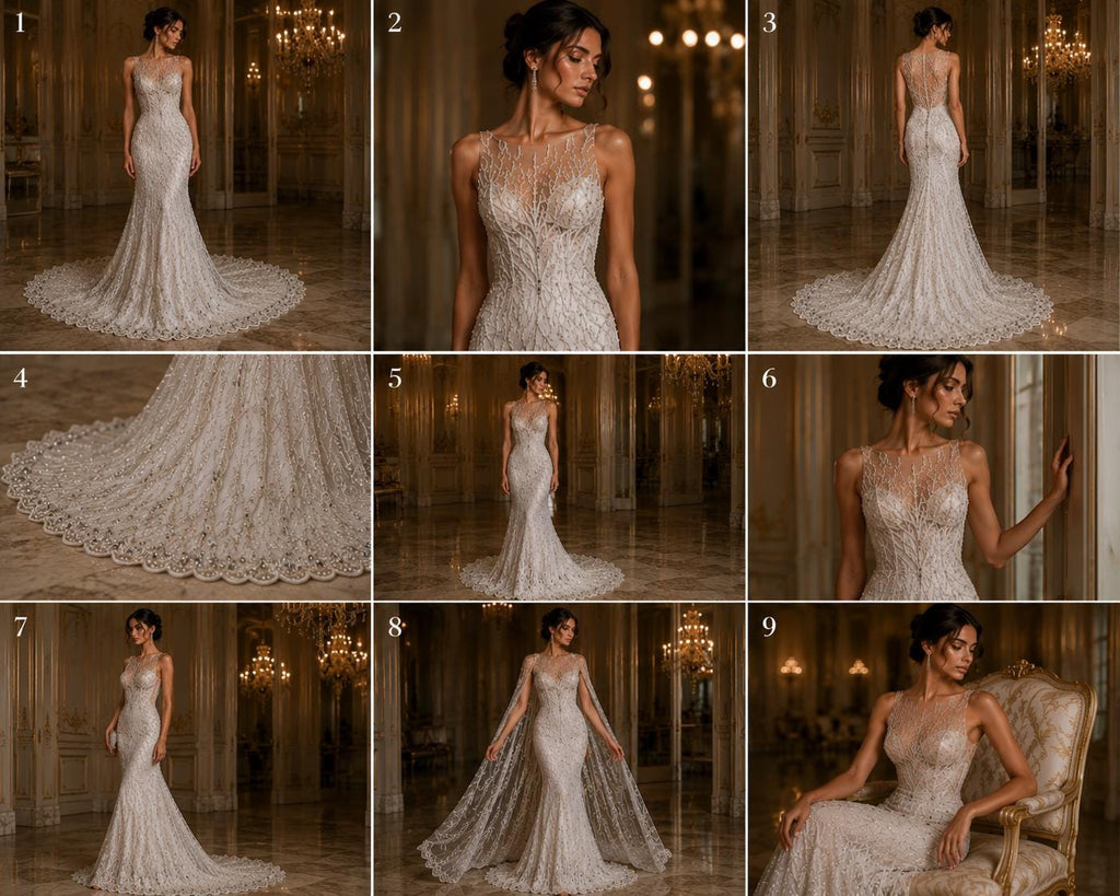 White - Luxury Vine Lace  - Beaded Design with Embroidered Sequins and Beads On a Mesh Lace Fabric for Prom Dress. Sold By The Yard