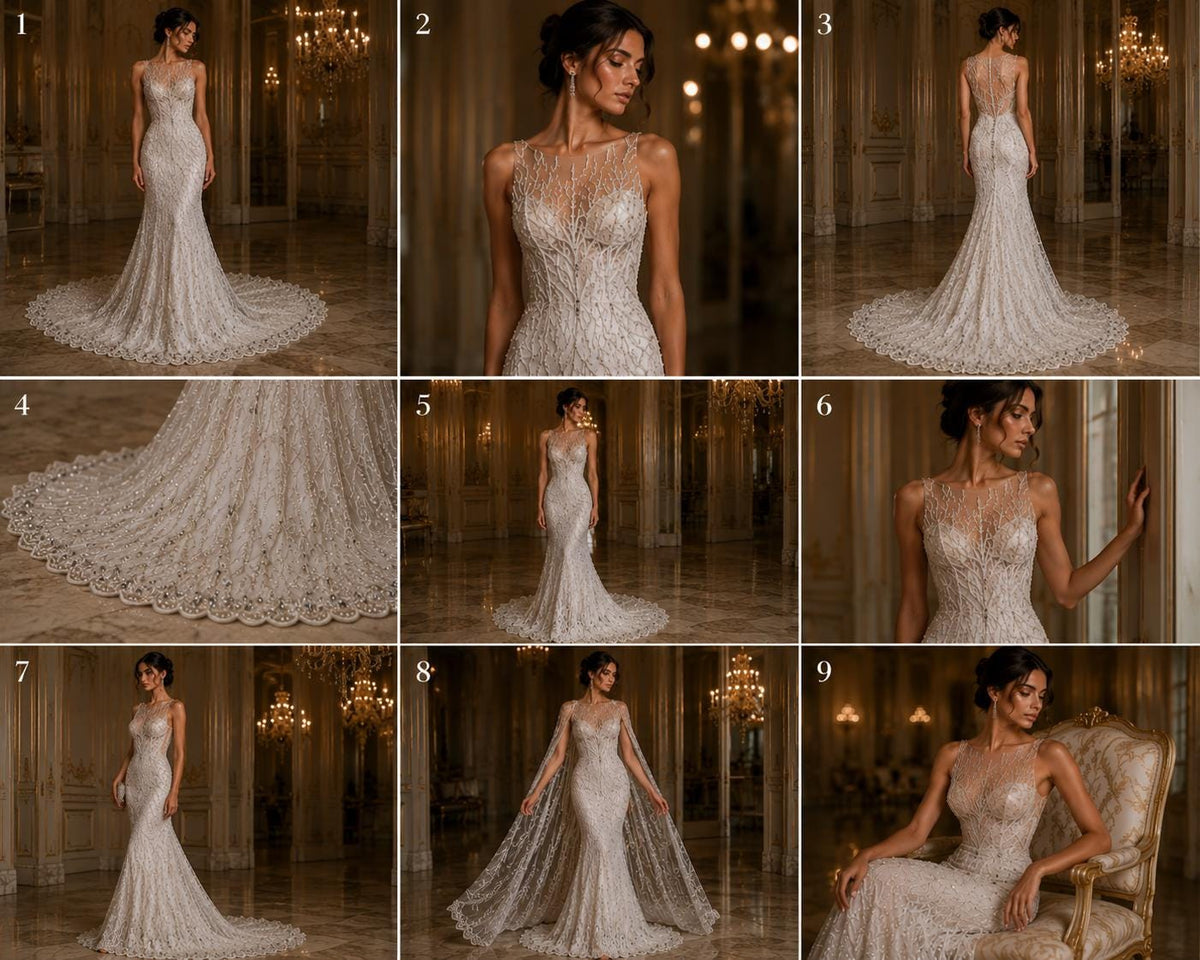 White - Luxury Vine Lace  - Beaded Design with Embroidered Sequins and Beads On a Mesh Lace Fabric for Prom Dress. Sold By The Yard