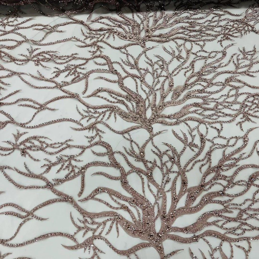 Rose Gold - Luxury Vine Lace  - Beaded Design with Embroidered Sequins and Beads On a Mesh Lace Fabric for Prom Dress. Sold By The Yard