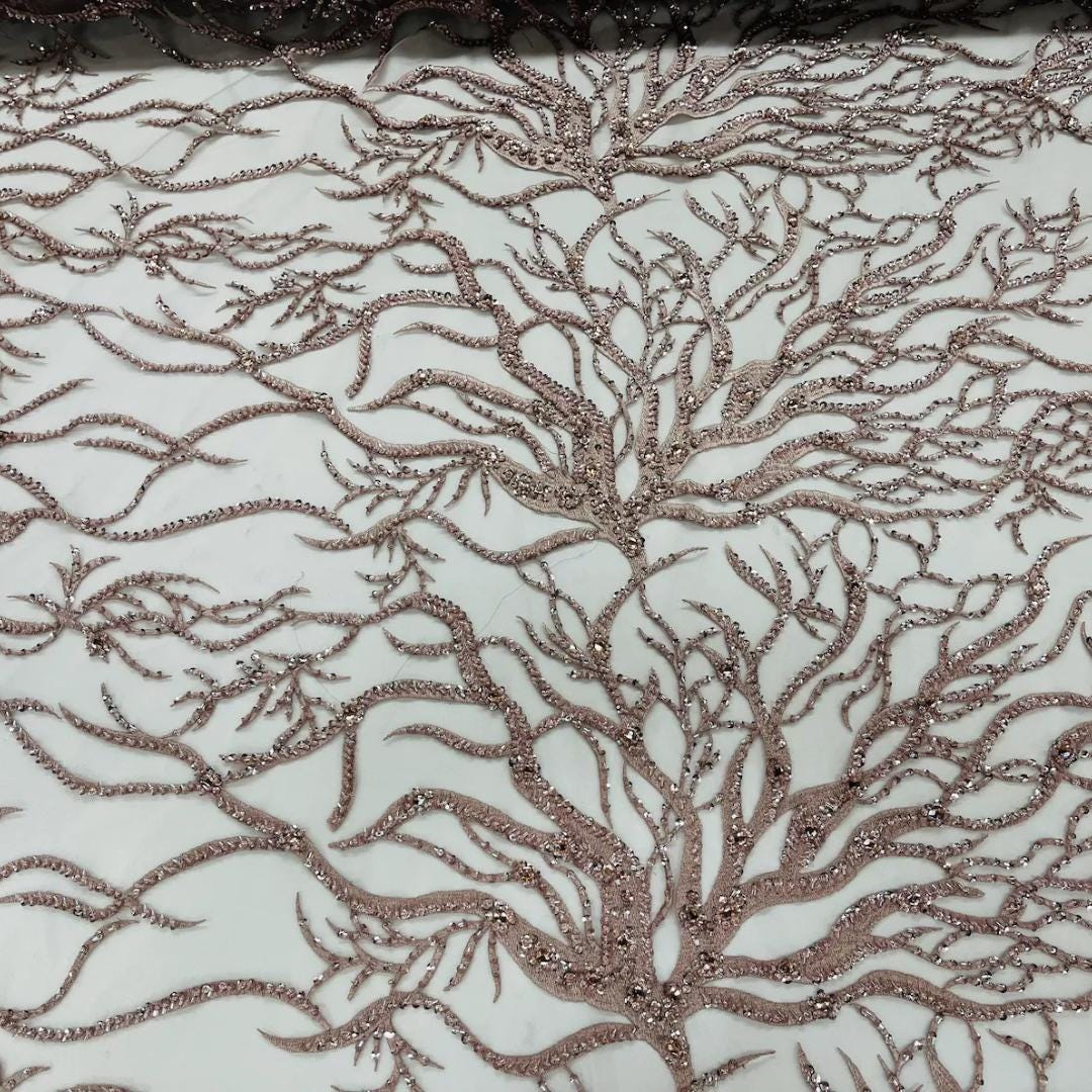 Rose Gold - Luxury Vine Lace  - Beaded Design with Embroidered Sequins and Beads On a Mesh Lace Fabric for Prom Dress. Sold By The Yard