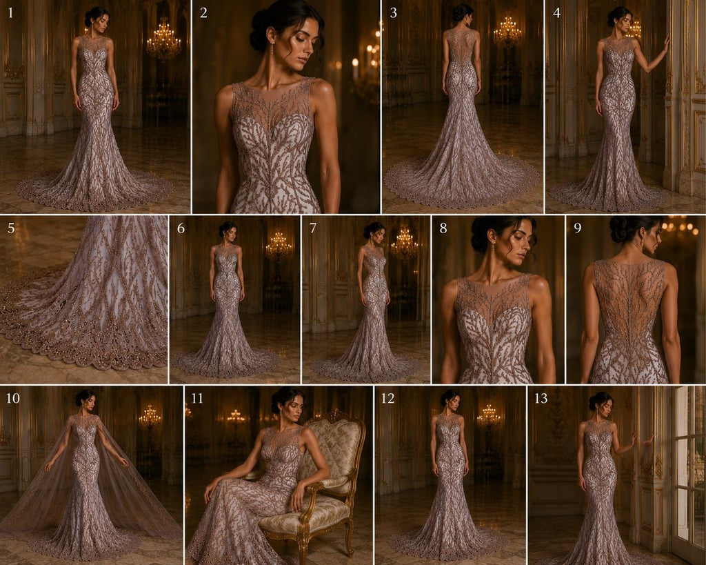 Rose Gold - Luxury Vine Lace  - Beaded Design with Embroidered Sequins and Beads On a Mesh Lace Fabric for Prom Dress. Sold By The Yard