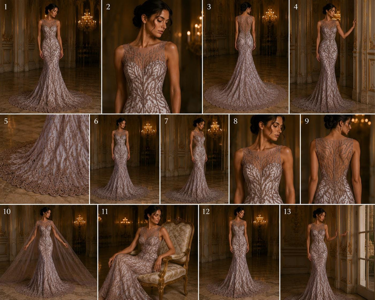 Rose Gold - Luxury Vine Lace  - Beaded Design with Embroidered Sequins and Beads On a Mesh Lace Fabric for Prom Dress. Sold By The Yard