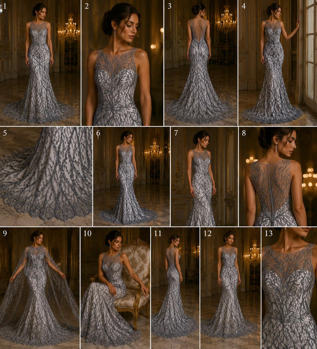 Silver - Luxury Vine Lace  - Beaded Design with Embroidered Sequins and Beads On a Mesh Lace Fabric for Prom Dress. Sold By The Yard