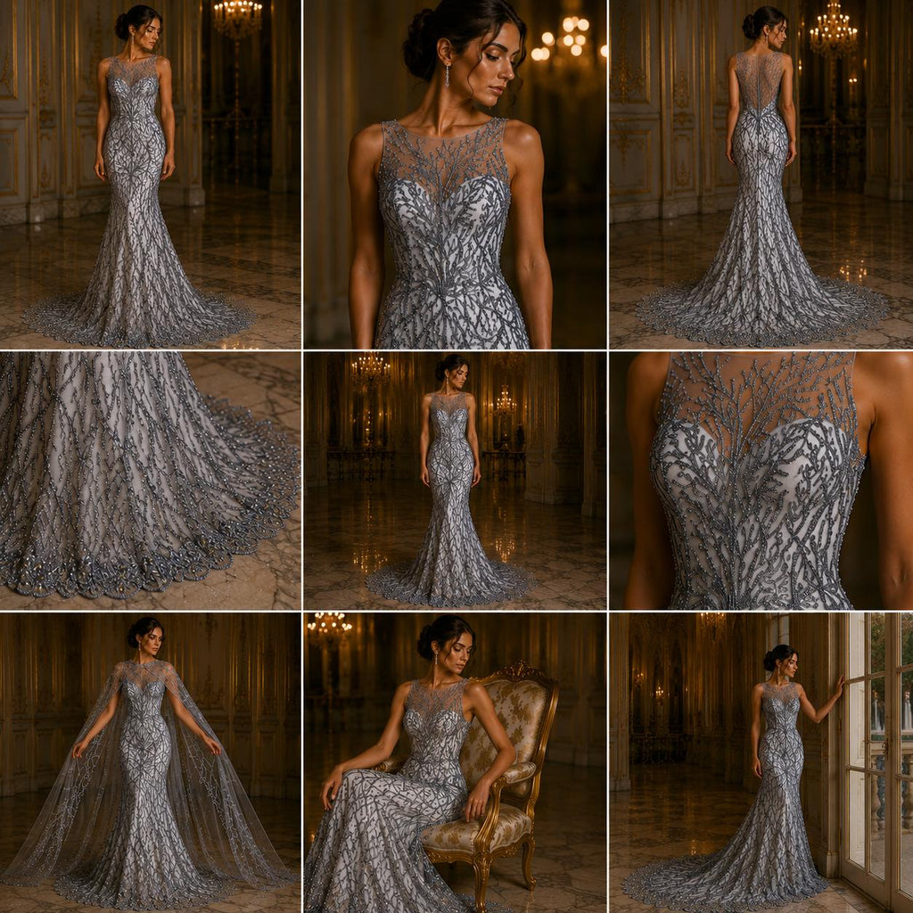 Silver - Luxury Vine Lace  - Beaded Design with Embroidered Sequins and Beads On a Mesh Lace Fabric for Prom Dress. Sold By The Yard