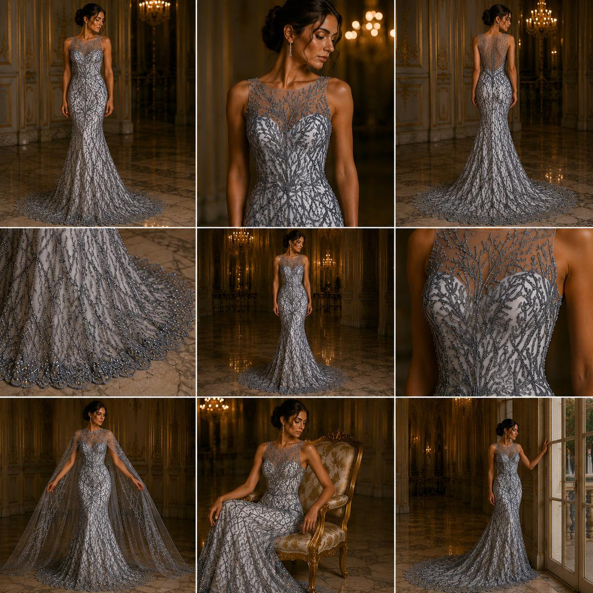 Silver - Luxury Vine Lace  - Beaded Design with Embroidered Sequins and Beads On a Mesh Lace Fabric for Prom Dress. Sold By The Yard