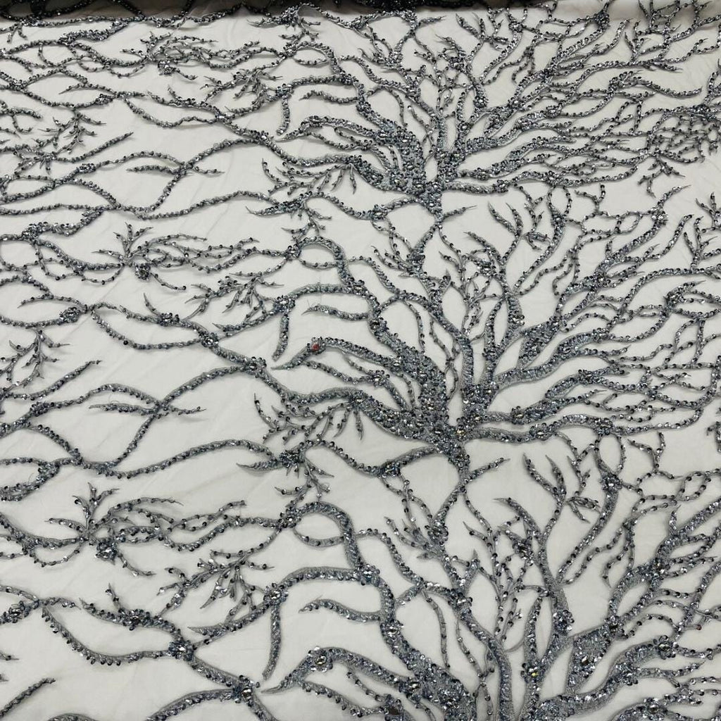 Silver - Luxury Vine Lace  - Beaded Design with Embroidered Sequins and Beads On a Mesh Lace Fabric for Prom Dress. Sold By The Yard