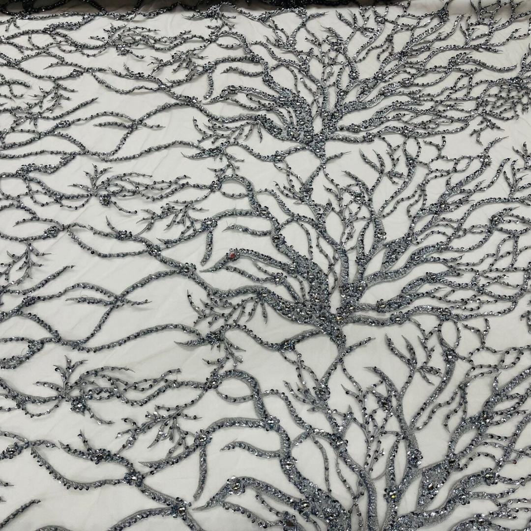 Silver - Luxury Vine Lace  - Beaded Design with Embroidered Sequins and Beads On a Mesh Lace Fabric for Prom Dress. Sold By The Yard