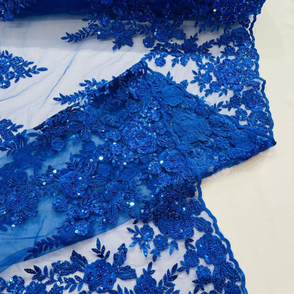 ROYAL - Luxury Lace  - Beaded Design with Embroidered Sequins and Beads On a Mesh Lace Fabric for Prom Dress. Sold By The Yard