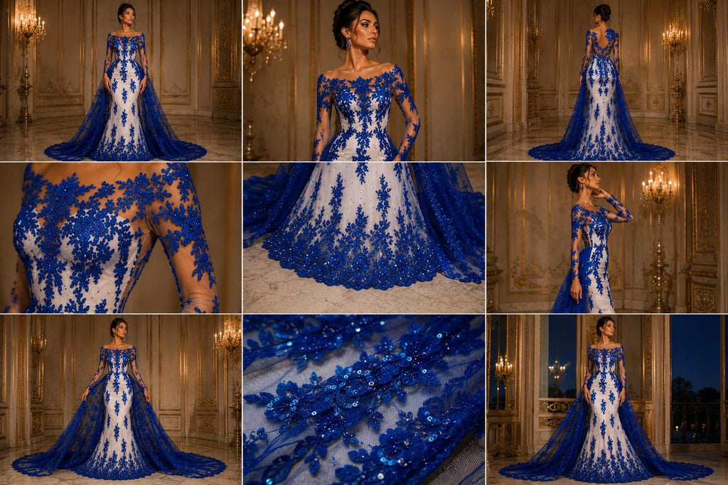 ROYAL - Luxury Lace  - Beaded Design with Embroidered Sequins and Beads On a Mesh Lace Fabric for Prom Dress. Sold By The Yard