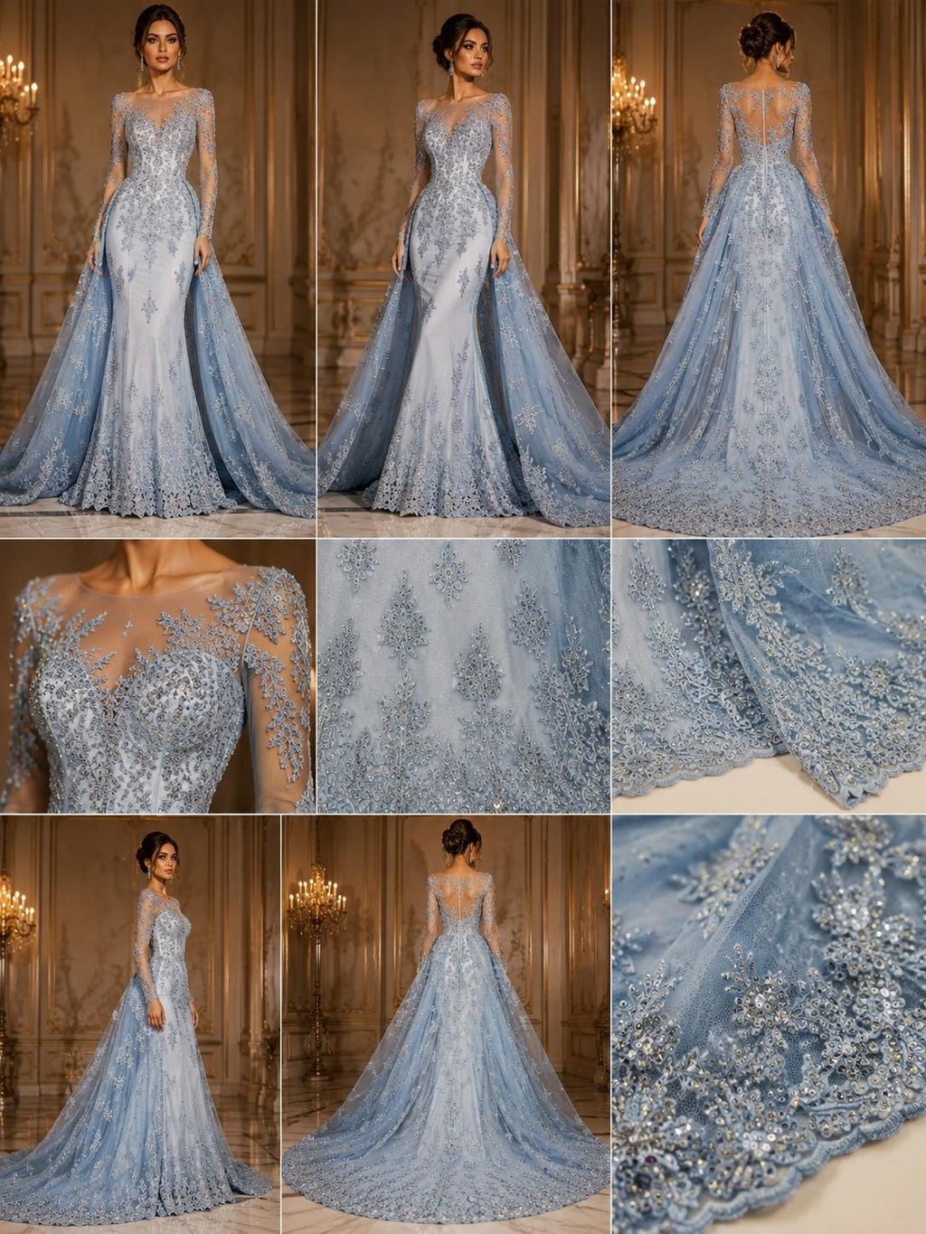 LT BLUE  - Luxury Lace  - Beaded Design with Embroidered Sequins and Beads On a Mesh Lace Fabric for Prom Dress. Sold By The Yard