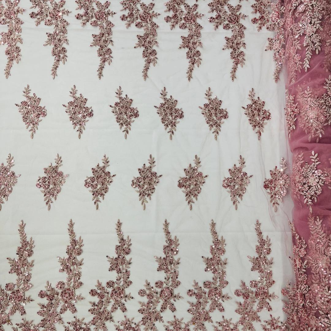 DUSTY ROSE  - Luxury Lace  - Beaded Design with Embroidered Sequins and Beads On a Mesh Lace Fabric for Prom Dress. Sold By The Yard