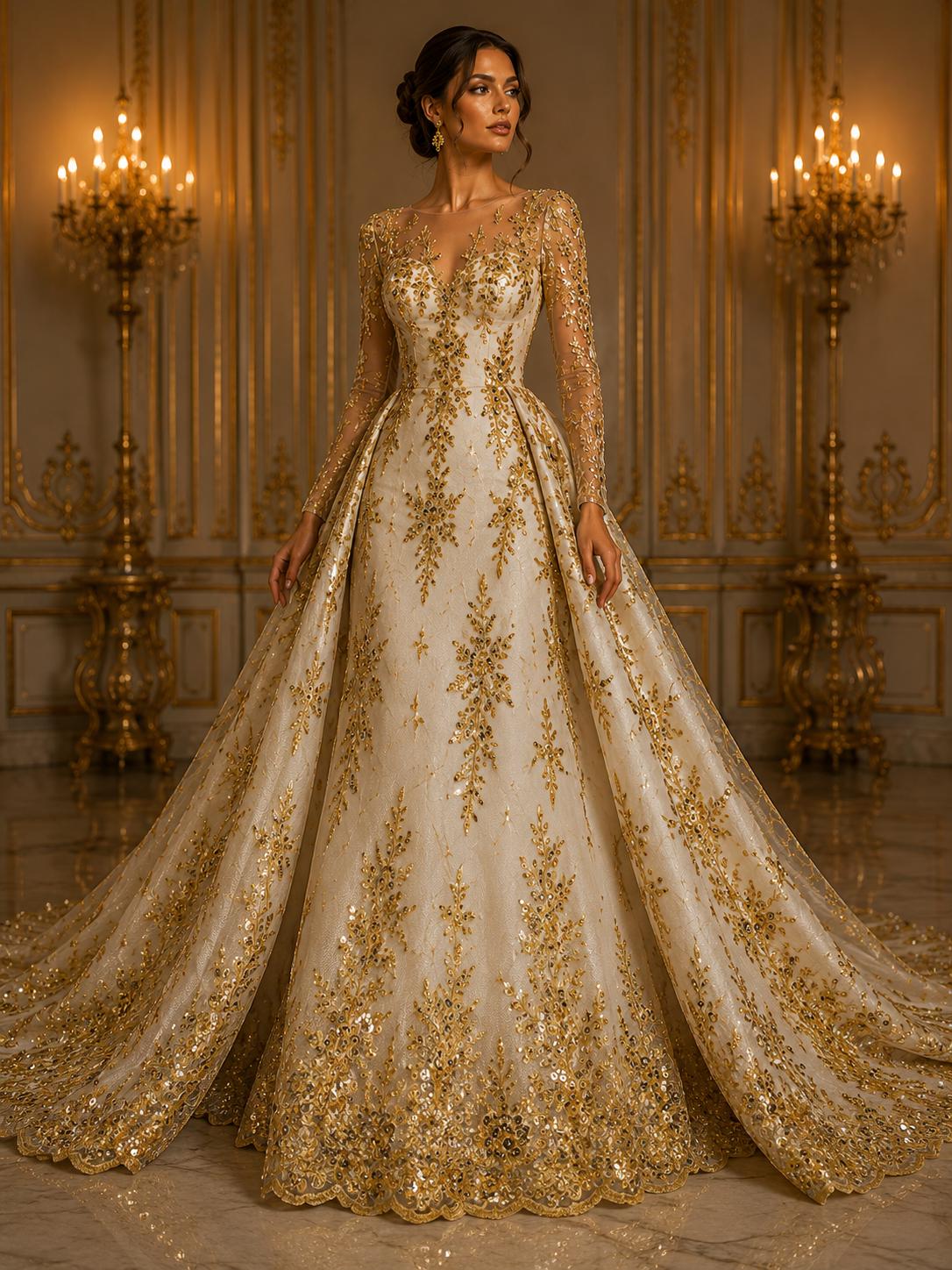 GOLD  - Luxury Lace  - Beaded Design with Embroidered Sequins and Beads On a Mesh Lace Fabric for Prom Dress. Sold By The Yard