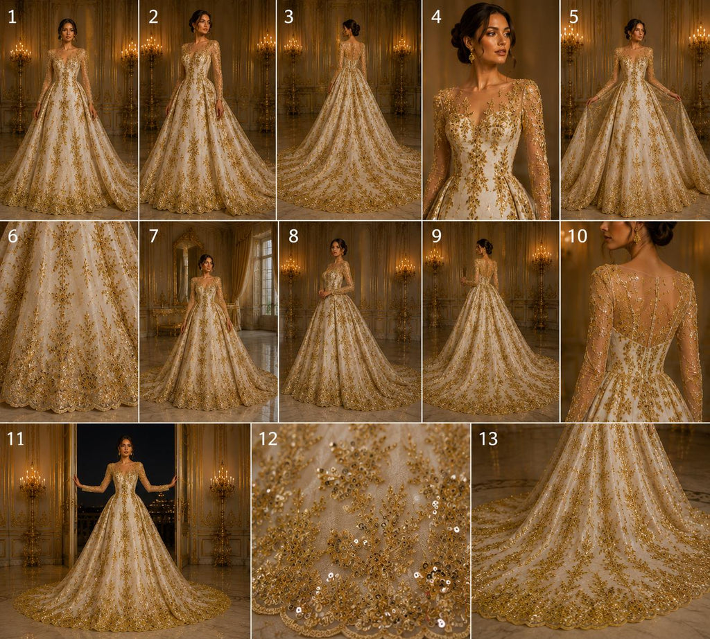 GOLD  - Luxury Lace  - Beaded Design with Embroidered Sequins and Beads On a Mesh Lace Fabric for Prom Dress. Sold By The Yard