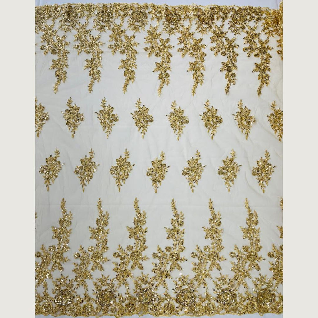 GOLD  - Luxury Lace  - Beaded Design with Embroidered Sequins and Beads On a Mesh Lace Fabric for Prom Dress. Sold By The Yard