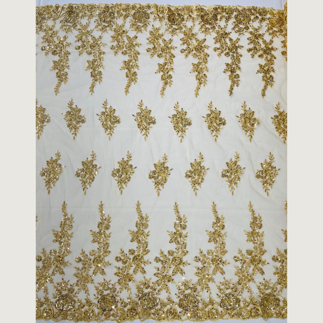 GOLD  - Luxury Lace  - Beaded Design with Embroidered Sequins and Beads On a Mesh Lace Fabric for Prom Dress. Sold By The Yard