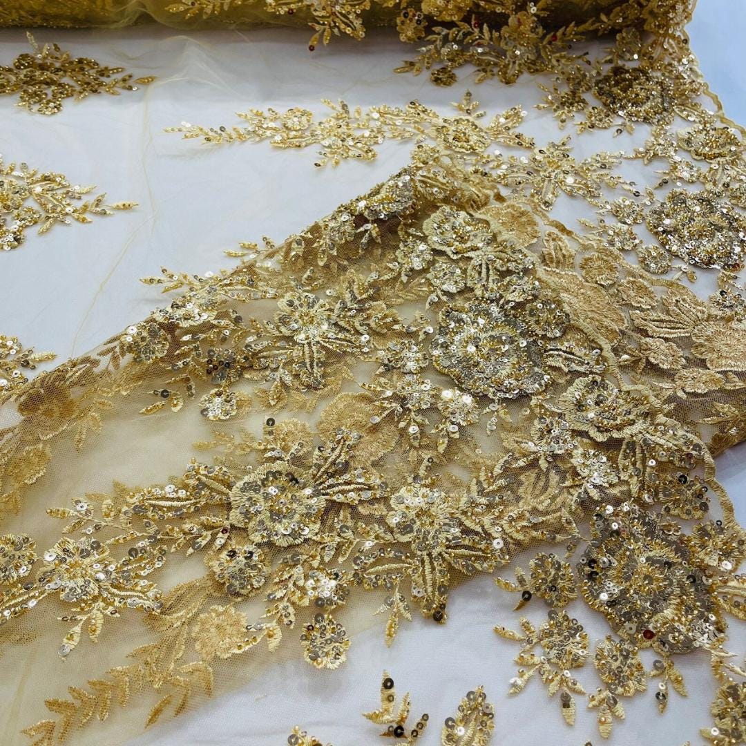 GOLD  - Luxury Lace  - Beaded Design with Embroidered Sequins and Beads On a Mesh Lace Fabric for Prom Dress. Sold By The Yard