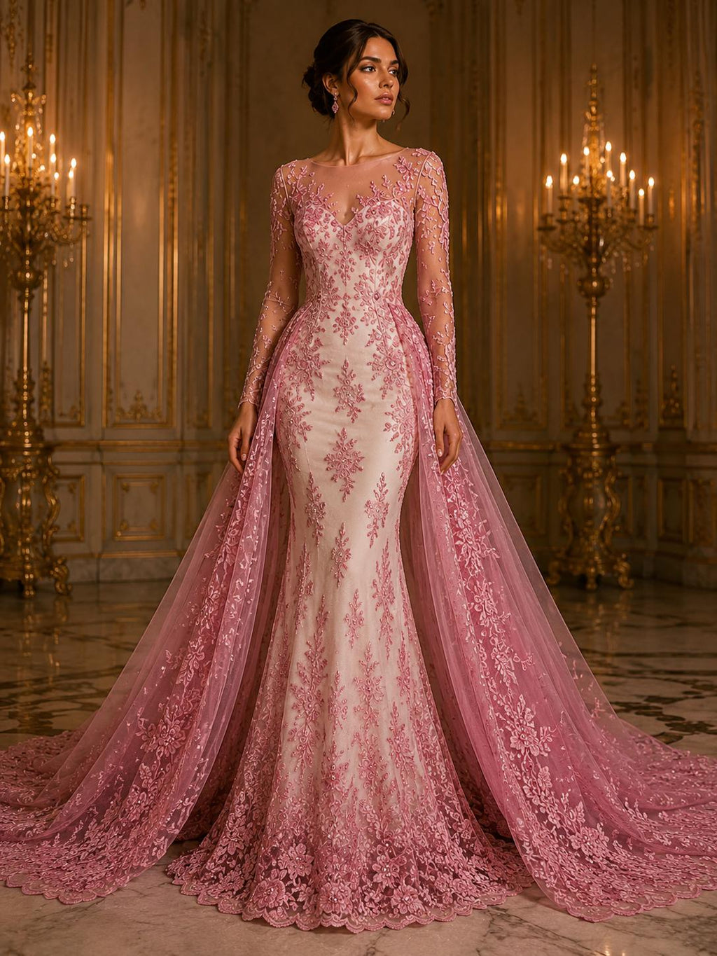 PINK  - Luxury Lace  - Beaded Design with Embroidered Sequins and Beads On a Mesh Lace Fabric for Prom Dress. Sold By The Yard