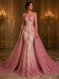PINK  - Luxury Lace  - Beaded Design with Embroidered Sequins and Beads On a Mesh Lace Fabric for Prom Dress. Sold By The Yard