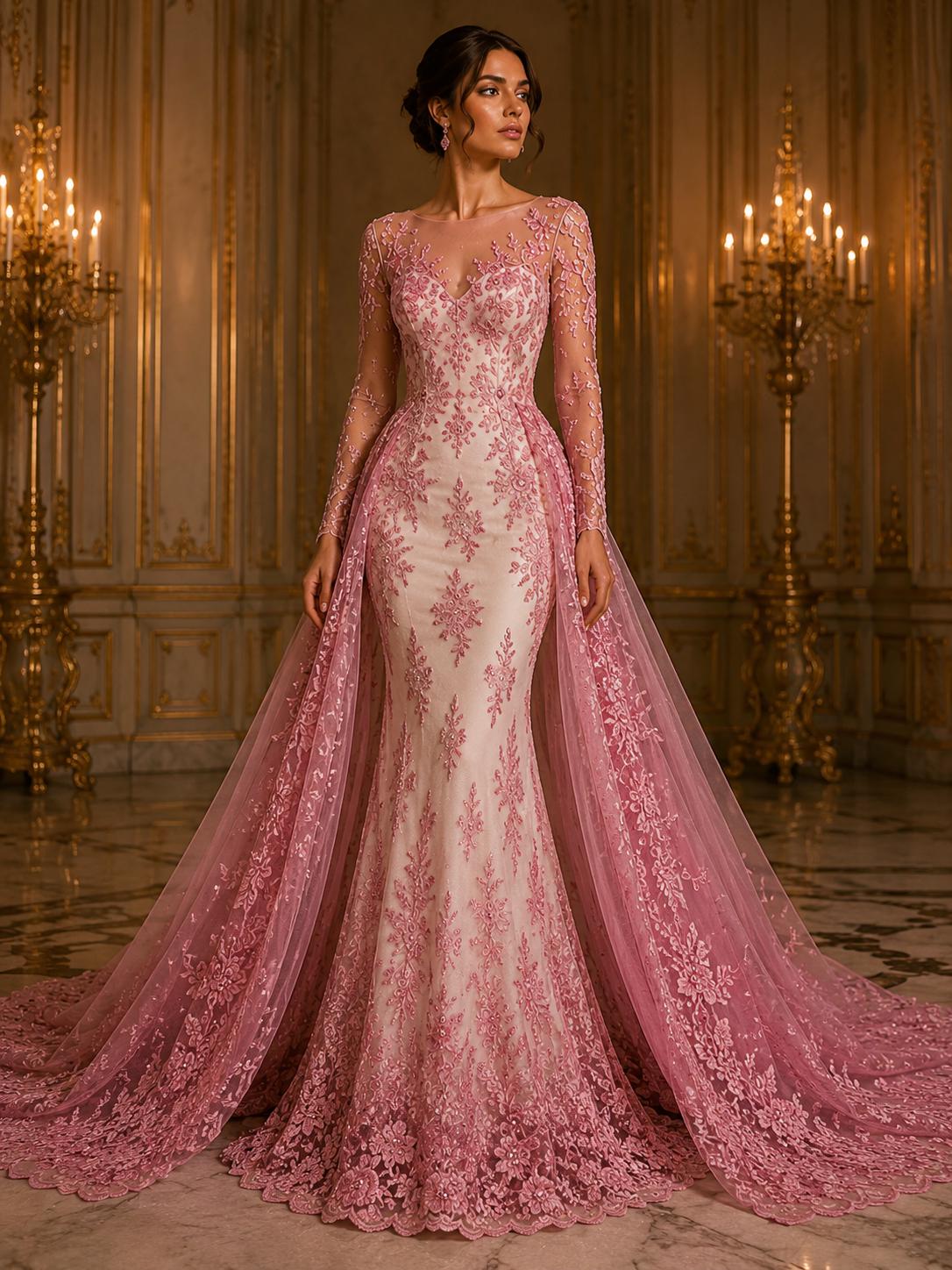 PINK  - Luxury Lace  - Beaded Design with Embroidered Sequins and Beads On a Mesh Lace Fabric for Prom Dress. Sold By The Yard