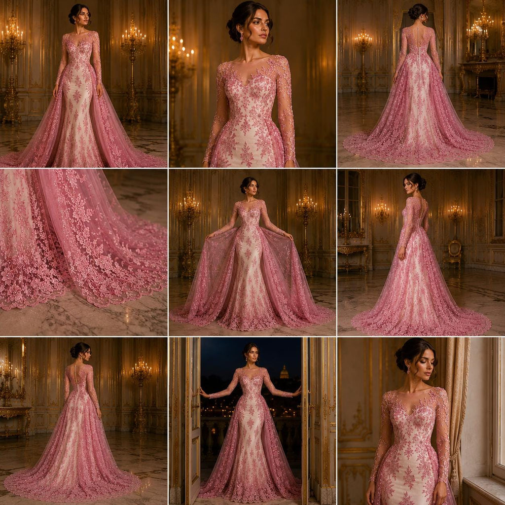 PINK  - Luxury Lace  - Beaded Design with Embroidered Sequins and Beads On a Mesh Lace Fabric for Prom Dress. Sold By The Yard