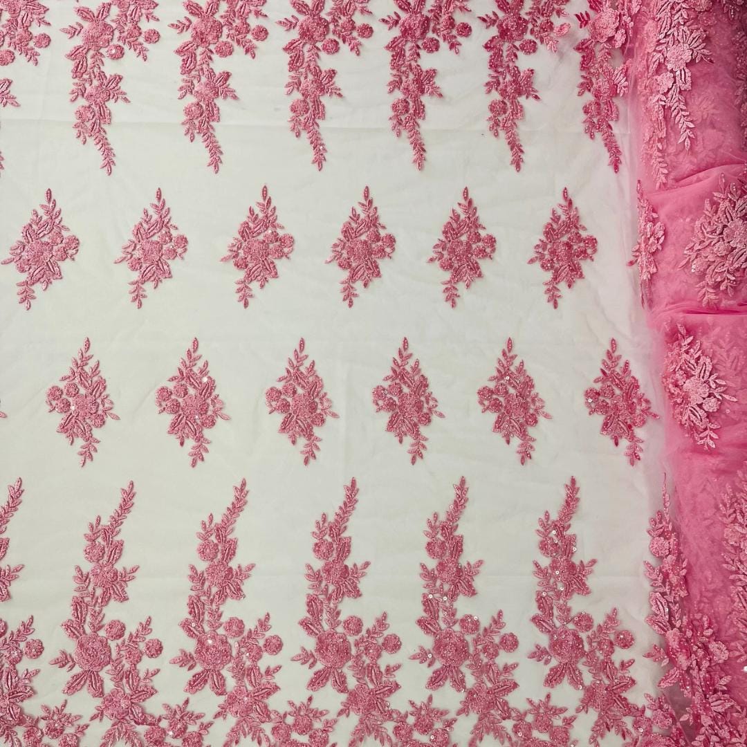 PINK  - Luxury Lace  - Beaded Design with Embroidered Sequins and Beads On a Mesh Lace Fabric for Prom Dress. Sold By The Yard