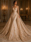 PEACH  - Luxury Lace  - Beaded Design with Embroidered Sequins and Beads On a Mesh Lace Fabric for Prom Dress. Sold By The Yard