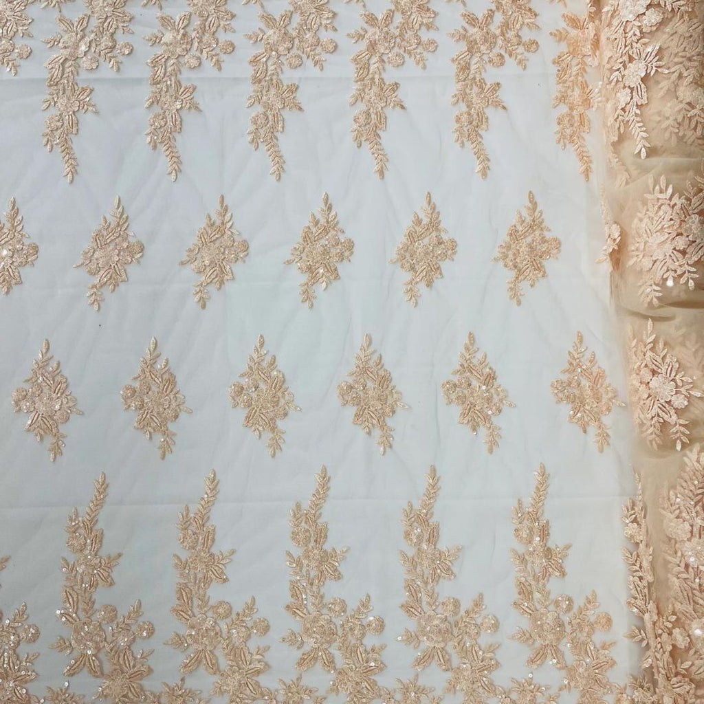 PEACH  - Luxury Lace  - Beaded Design with Embroidered Sequins and Beads On a Mesh Lace Fabric for Prom Dress. Sold By The Yard