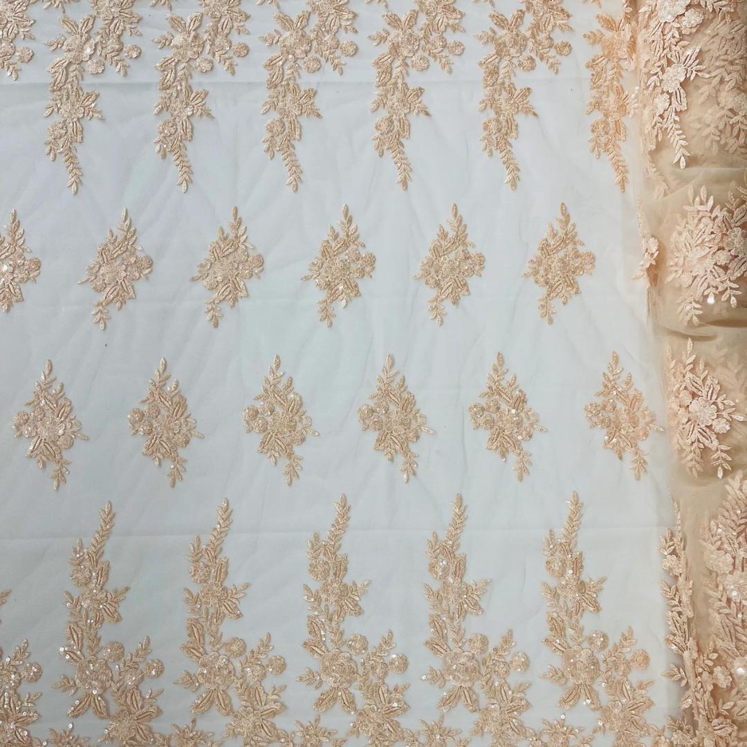PEACH  - Luxury Lace  - Beaded Design with Embroidered Sequins and Beads On a Mesh Lace Fabric for Prom Dress. Sold By The Yard