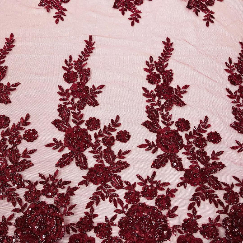 BURGUNDY  - Luxury Lace  - Beaded Design with Embroidered Sequins and Beads On a Mesh Lace Fabric for Prom Dress. Sold By The Yard