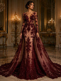 BURGUNDY  - Luxury Lace  - Beaded Design with Embroidered Sequins and Beads On a Mesh Lace Fabric for Prom Dress. Sold By The Yard