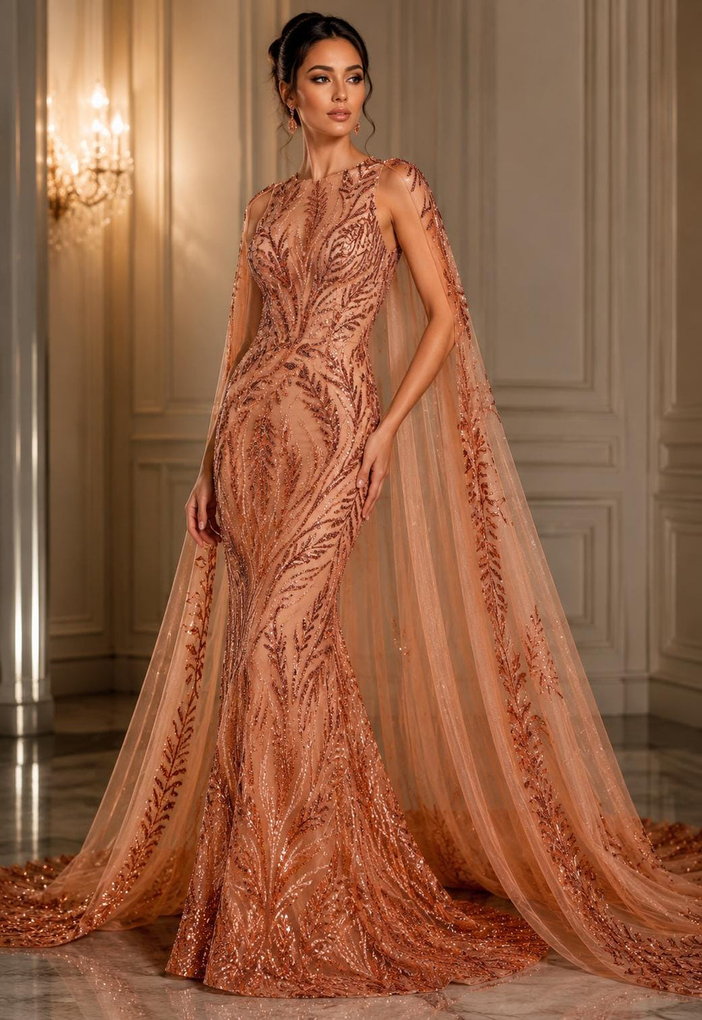 Luxurious Design Lace - LT ORANGE - Beaded Design with Embroidered Sequins and Beads On a Mesh Lace Fabric By The Yard
