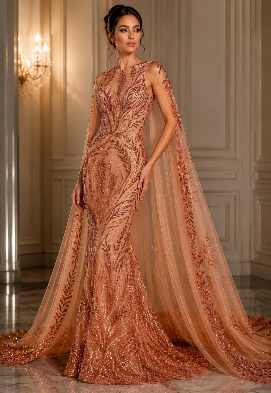 Luxurious Design Lace - LT ORANGE - Beaded Design with Embroidered Sequins and Beads On a Mesh Lace Fabric By The Yard