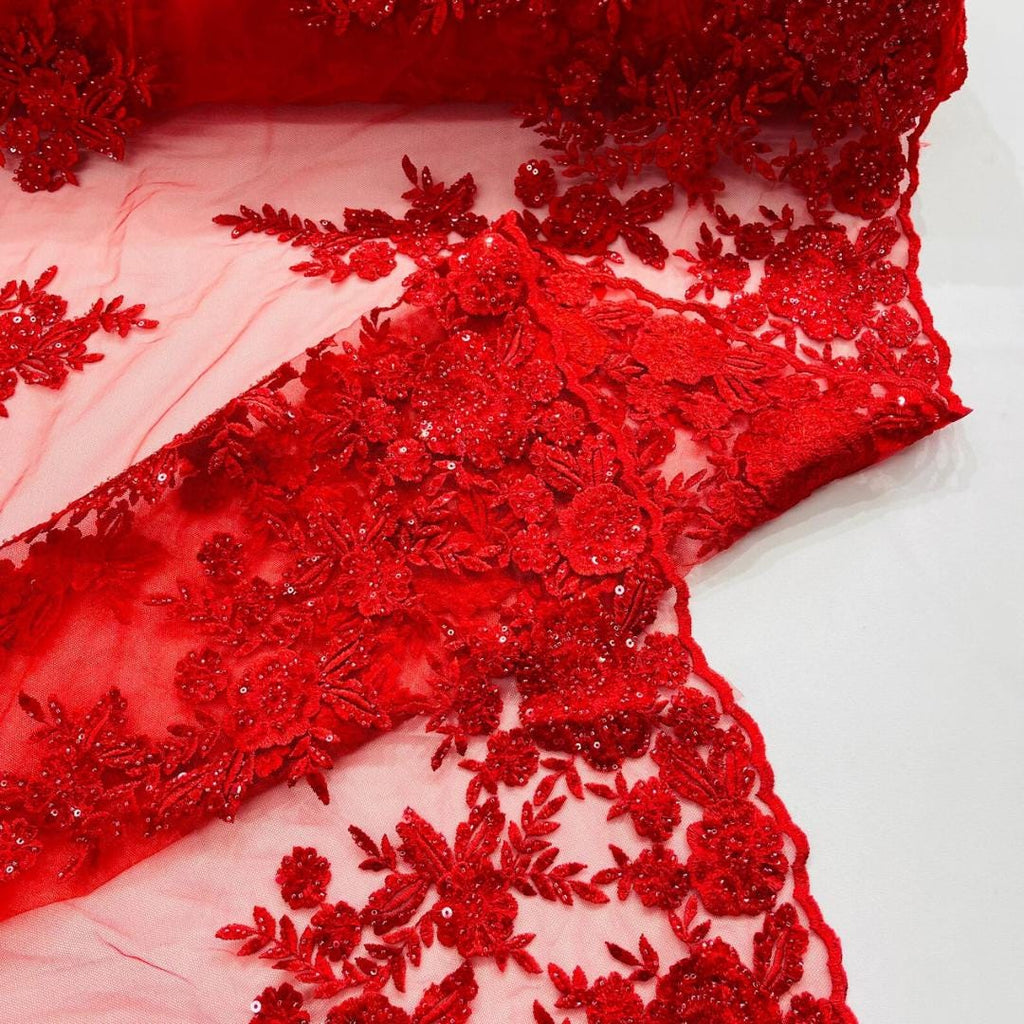 RED  - Luxury Lace  - Beaded Design with Embroidered Sequins and Beads On a Mesh Lace Fabric for Prom Dress. Sold By The Yard