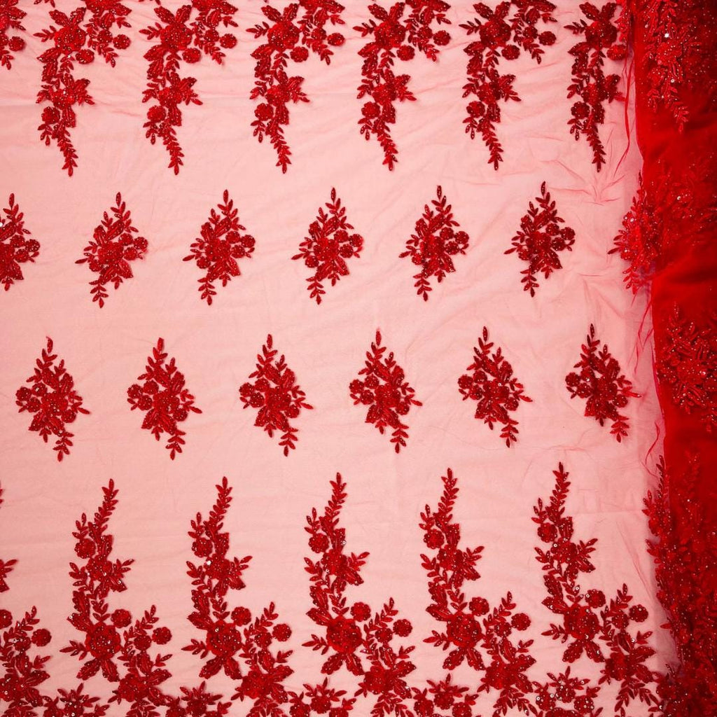RED  - Luxury Lace  - Beaded Design with Embroidered Sequins and Beads On a Mesh Lace Fabric for Prom Dress. Sold By The Yard