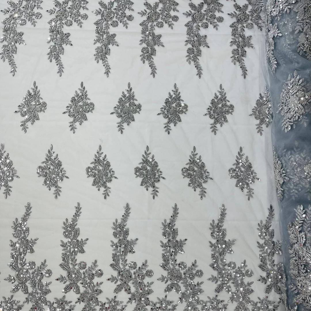 SILVER  - Luxury Lace  - Beaded Design with Embroidered Sequins and Beads On a Mesh Lace Fabric for Prom Dress. Sold By The Yard