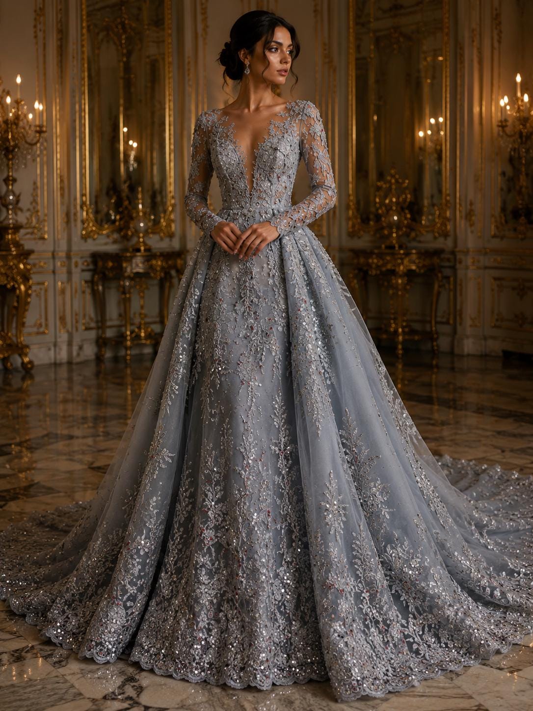 SILVER  - Luxury Lace  - Beaded Design with Embroidered Sequins and Beads On a Mesh Lace Fabric for Prom Dress. Sold By The Yard