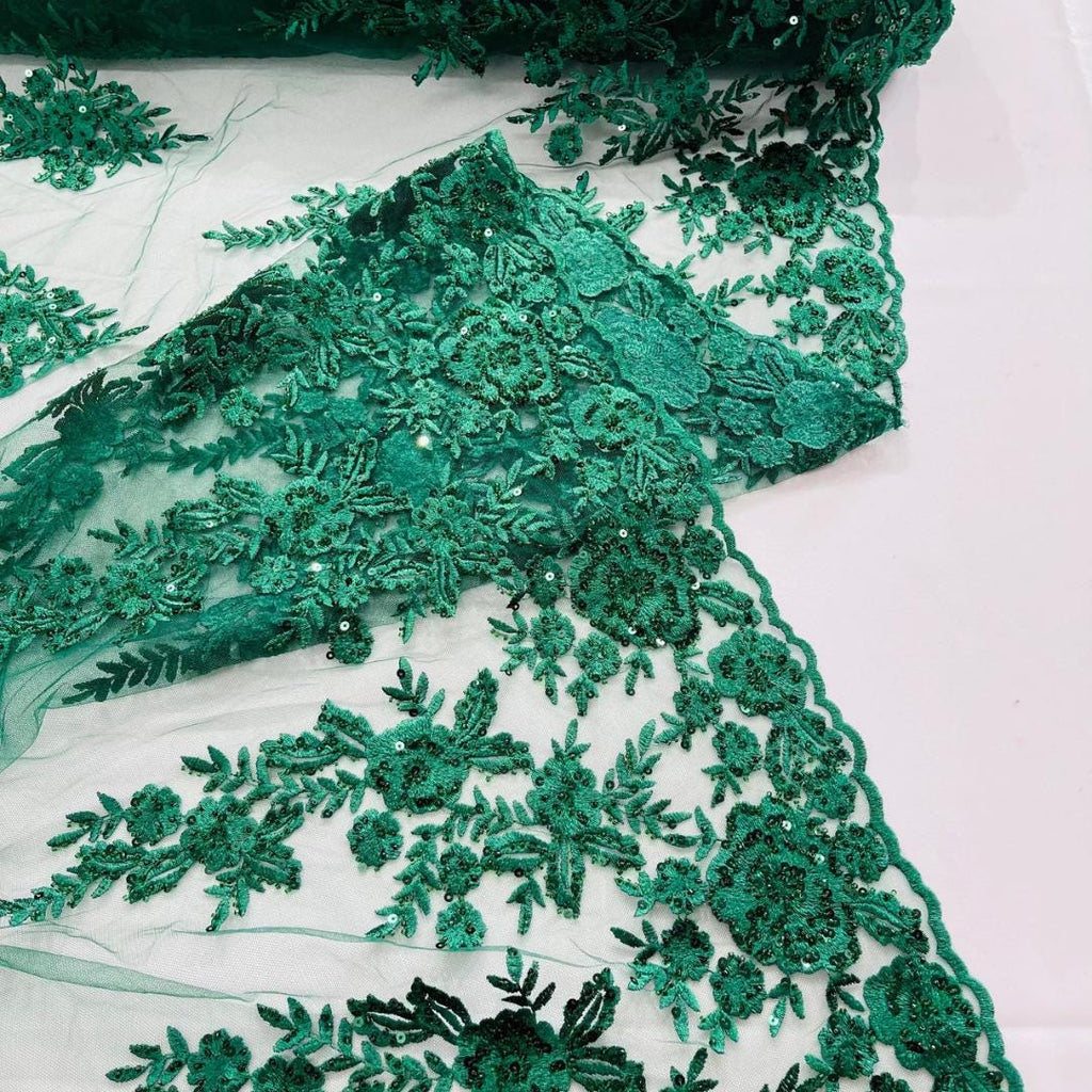 HUNTER  - Luxury Lace  - Beaded Design with Embroidered Sequins and Beads On a Mesh Lace Fabric for Prom Dress. Sold By The Yard