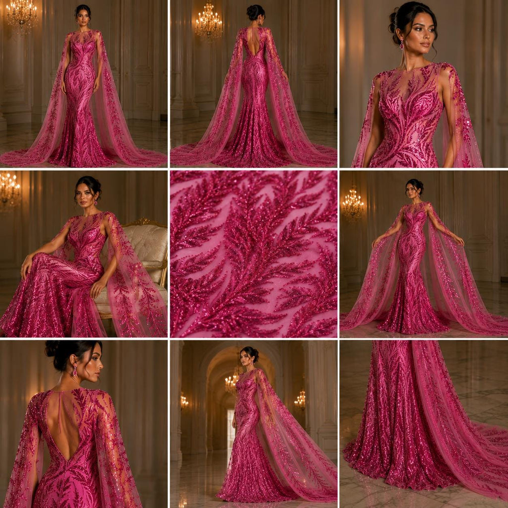 Luxurious Design Lace - FUCHSIA - Beaded Design with Embroidered Sequins and Beads On a Mesh Lace Fabric By The Yard