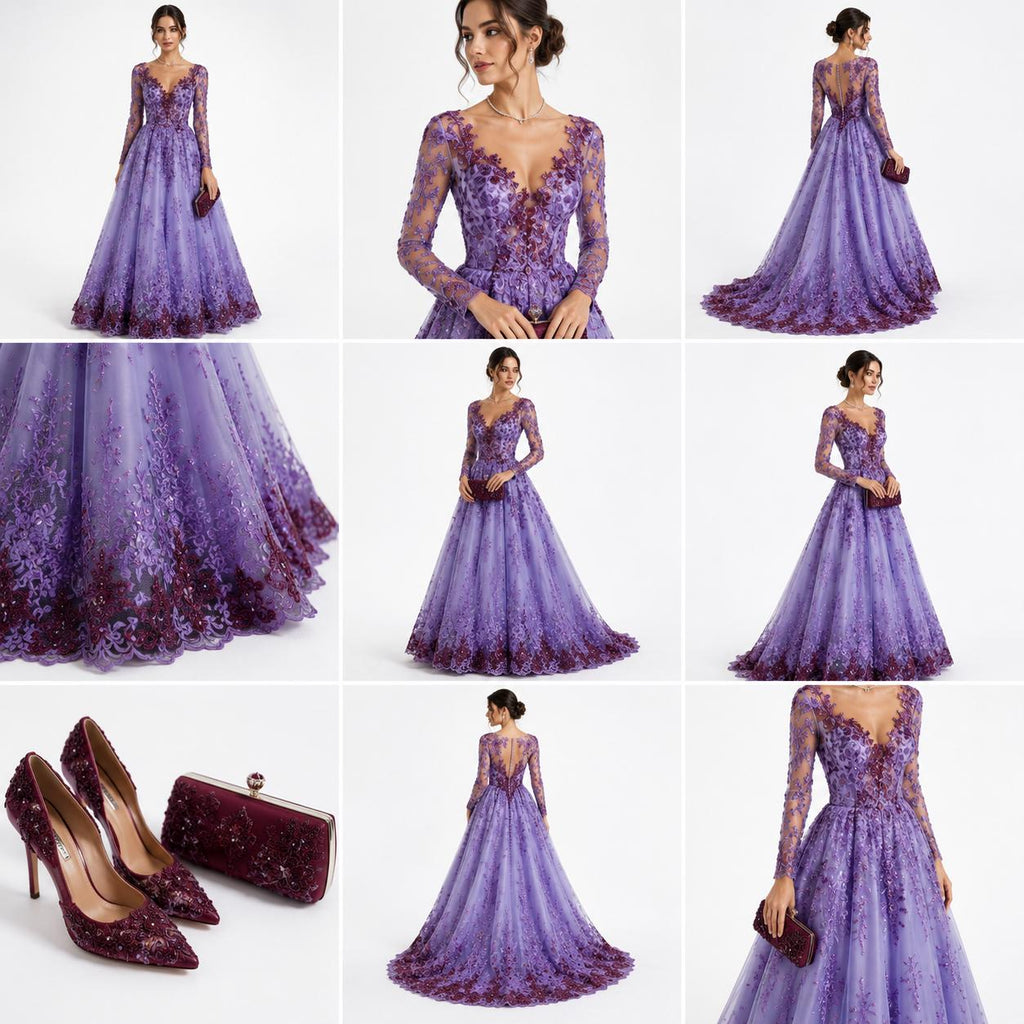 LAVENDER  - Luxury Lace  - Beaded Design with Embroidered Sequins and Beads On a Mesh Lace Fabric for Prom Dress. Sold By The Yard