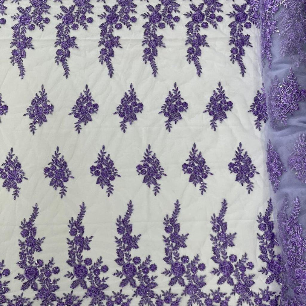 LAVENDER  - Luxury Lace  - Beaded Design with Embroidered Sequins and Beads On a Mesh Lace Fabric for Prom Dress. Sold By The Yard