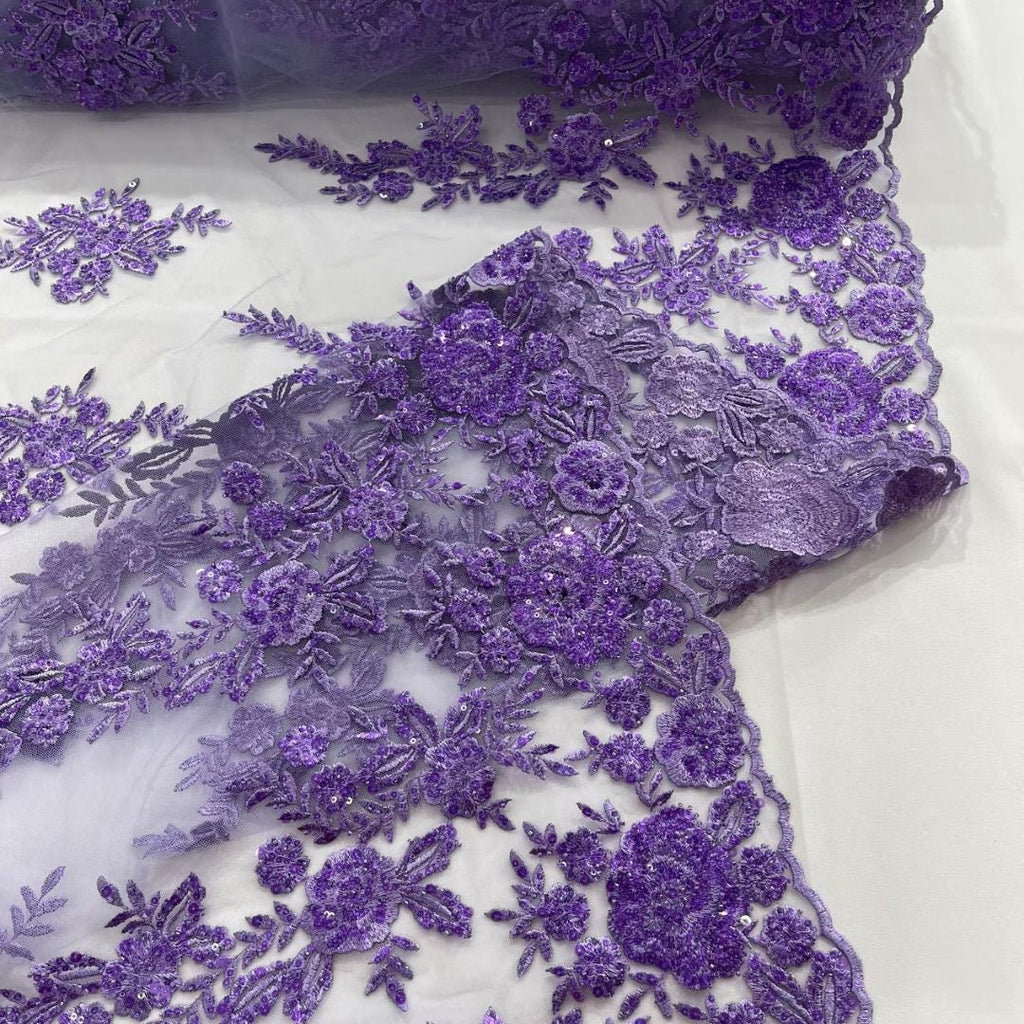 LAVENDER  - Luxury Lace  - Beaded Design with Embroidered Sequins and Beads On a Mesh Lace Fabric for Prom Dress. Sold By The Yard