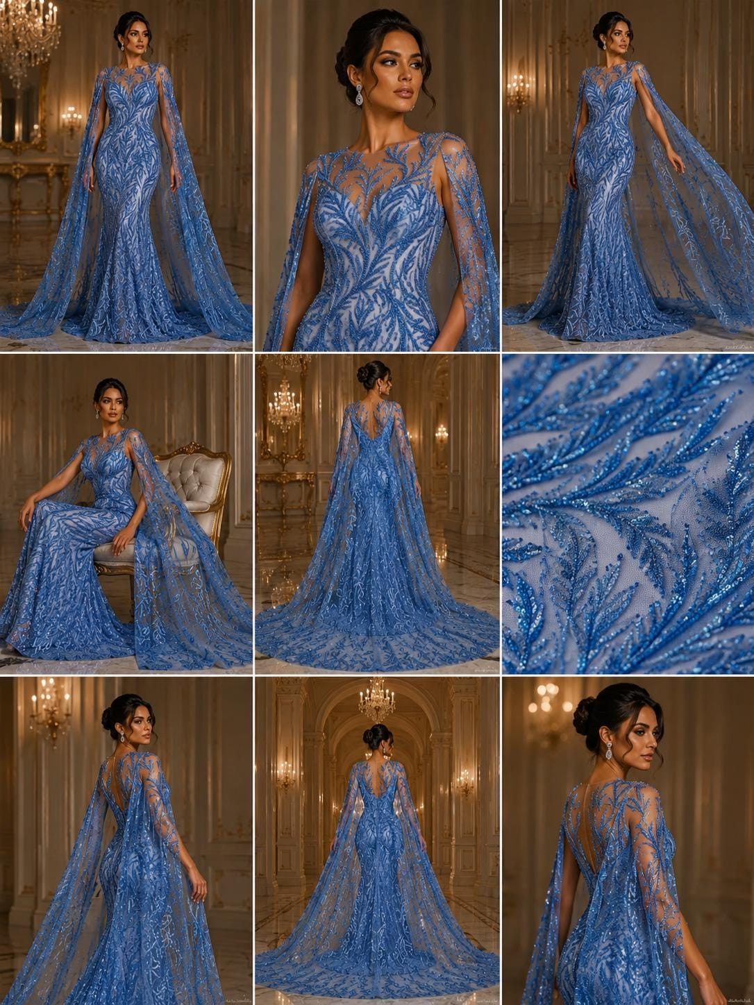 Luxurious Design Lace - LT BLUE - Beaded Design with Embroidered Sequins and Beads On a Mesh Lace Fabric By The Yard