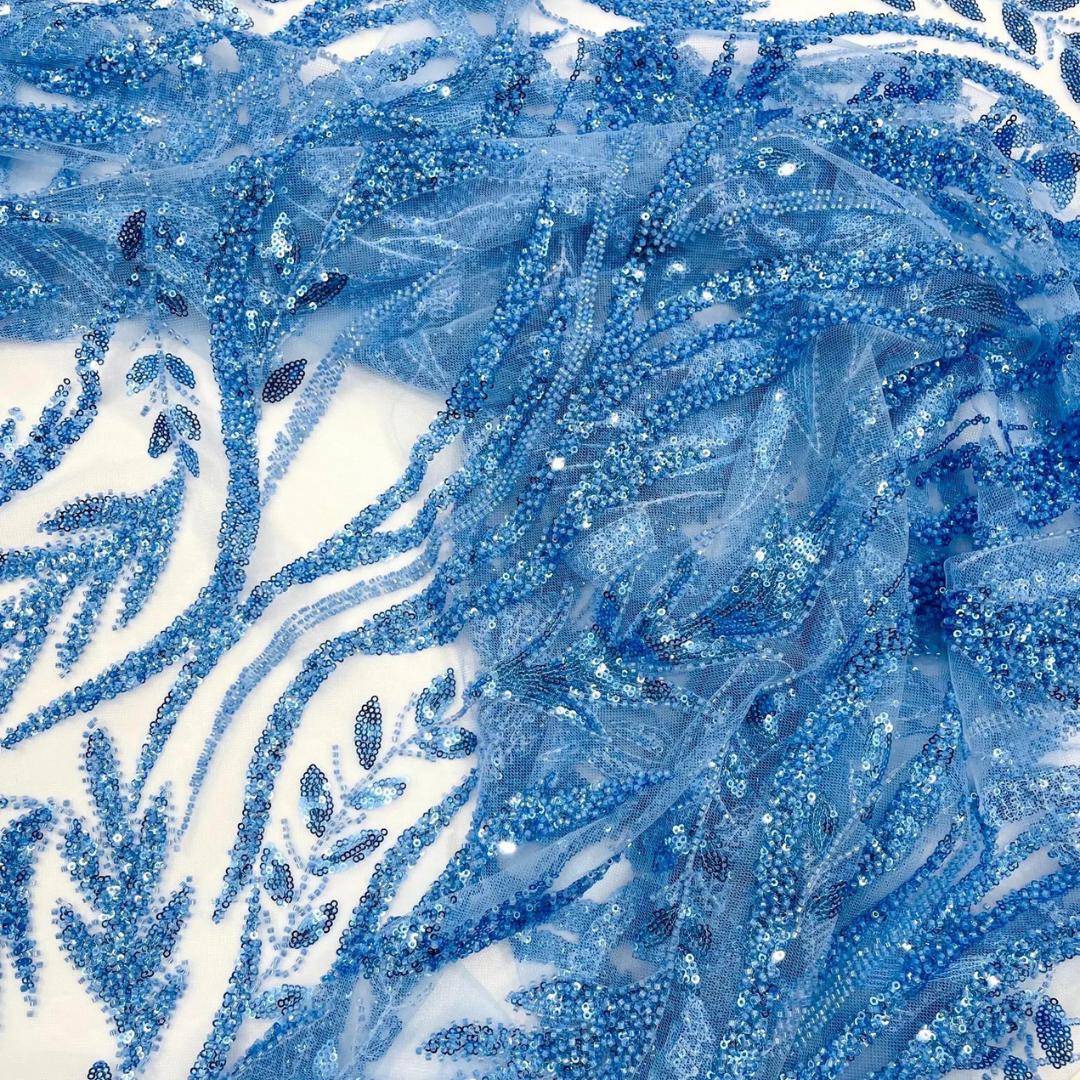 Luxurious Design Lace - LT BLUE - Beaded Design with Embroidered Sequins and Beads On a Mesh Lace Fabric By The Yard