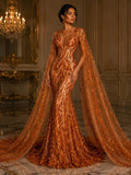 Luxurious Design Lace - ORANGE - Beaded Design with Embroidered Sequins and Beads On a Mesh Lace Fabric By The Yard