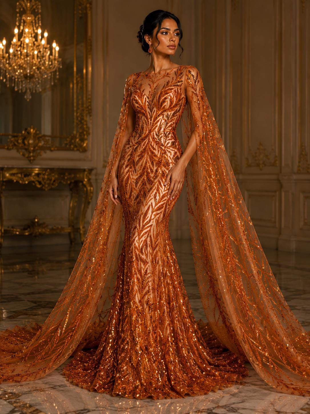 Luxurious Design Lace - ORANGE - Beaded Design with Embroidered Sequins and Beads On a Mesh Lace Fabric By The Yard