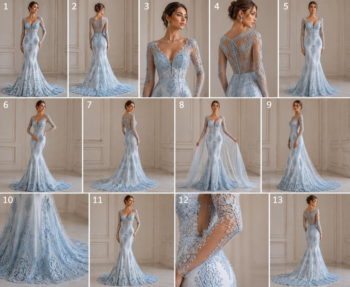 Baby Blue Luxurious Design Lace - Beaded Design with Embroidered Sequins and Beads On a Mesh Lace Fabric By The Yard
