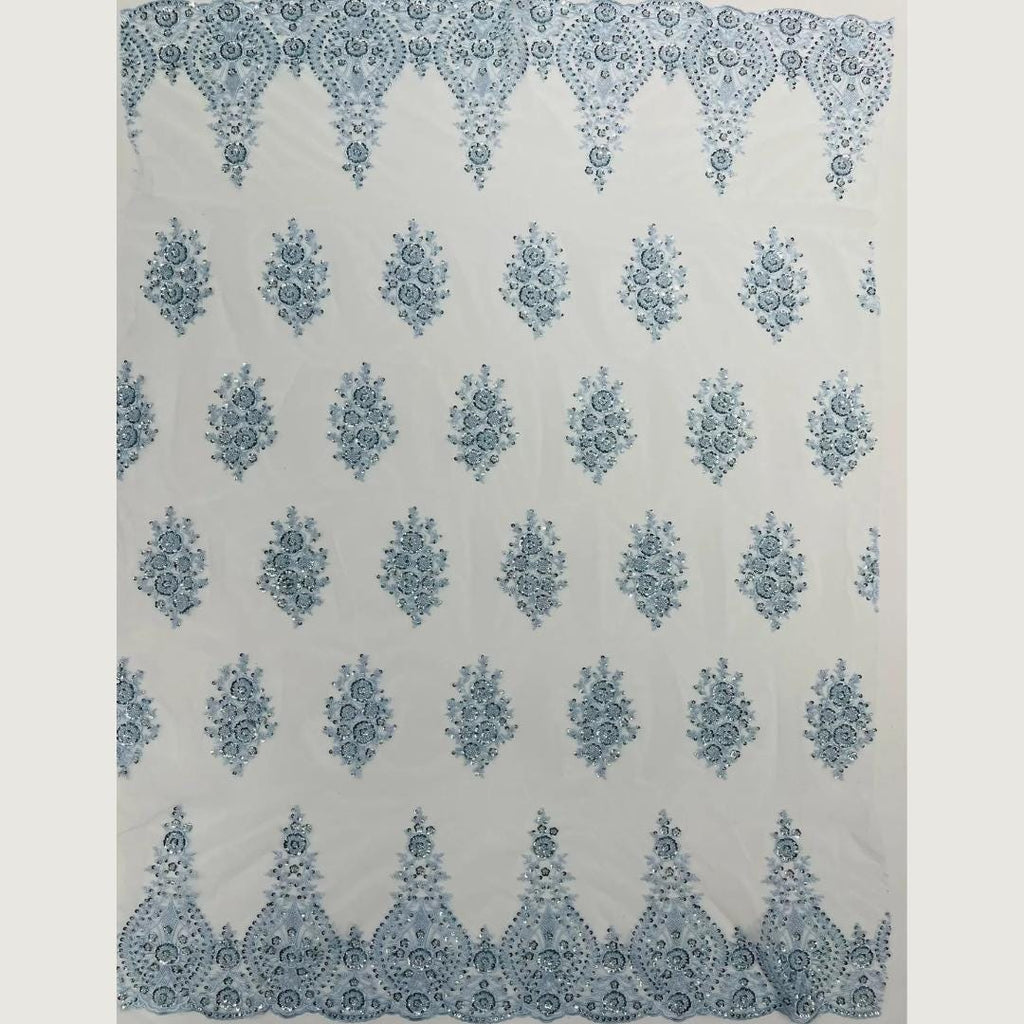 Baby Blue Luxurious Design Lace - Beaded Design with Embroidered Sequins and Beads On a Mesh Lace Fabric By The Yard