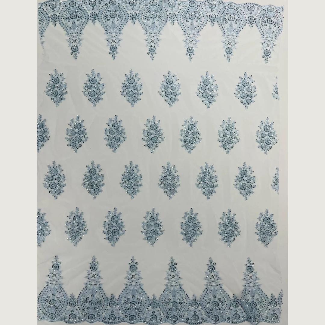 Baby Blue Luxurious Design Lace - Beaded Design with Embroidered Sequins and Beads On a Mesh Lace Fabric By The Yard